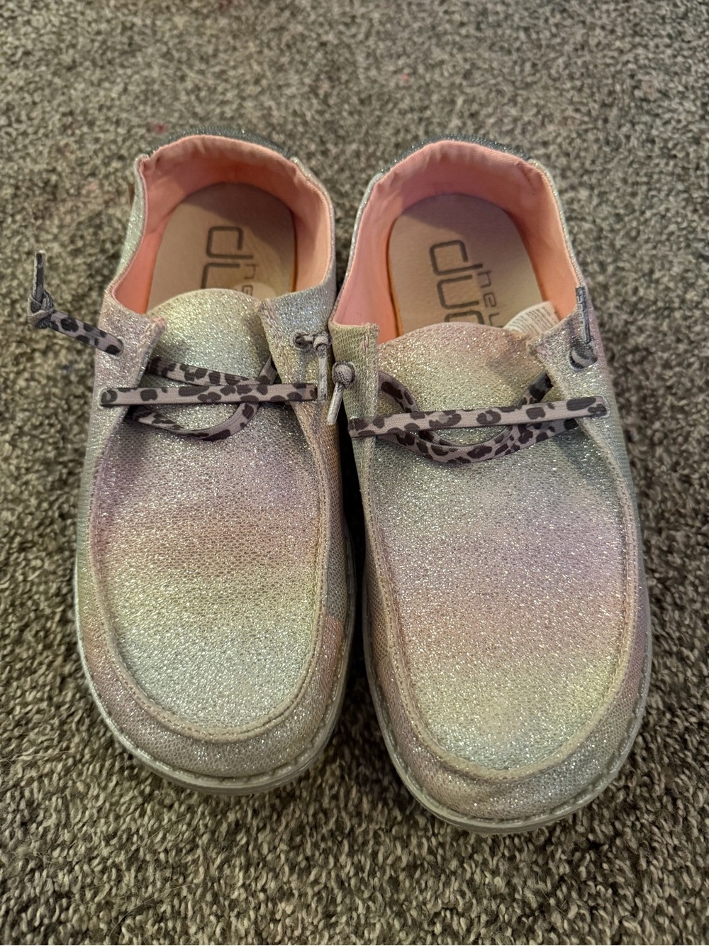 Hey Dude Kids Glitter Slip-On Moccasins in Iridescent Silver-Pink